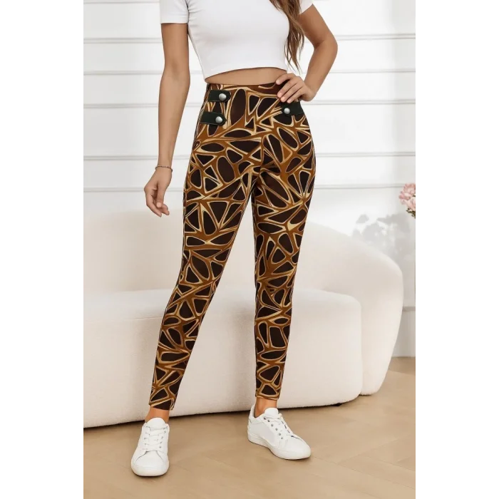 Kadın Yüksek Bel Kaz Ayağı Desenli Yan şerit Düğme Detaylı Dalgıç Pantolon