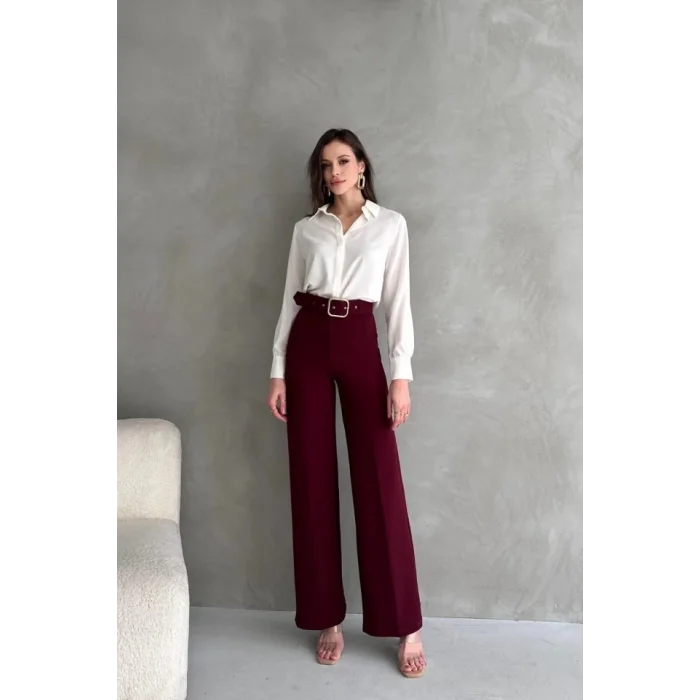 Kadın Yüksek Bel Krep Kumaş Full Likralı Ispanyol Paça Kemer Dahil Pantolon