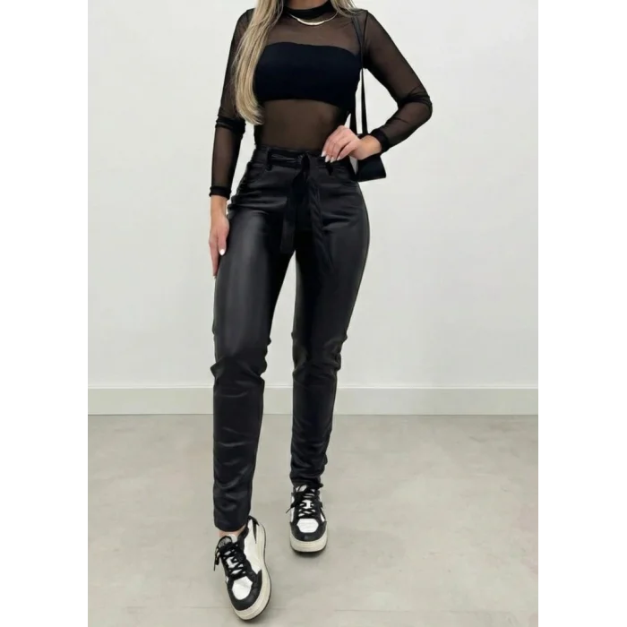 Kadın Yüksek Bel Kuşaklı Deri Pantolon