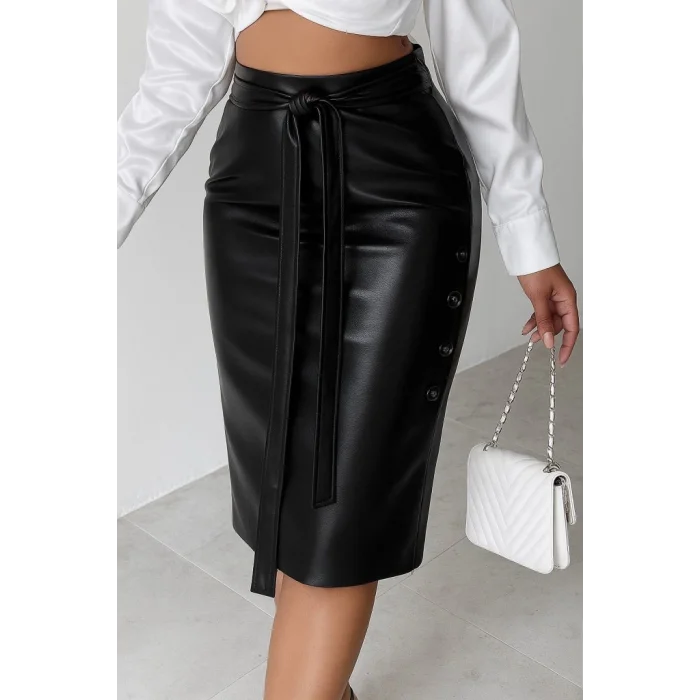 Kadın Yüksek Bel Kuşaklı Yanlardan Düğmeli Mini Deri Etek