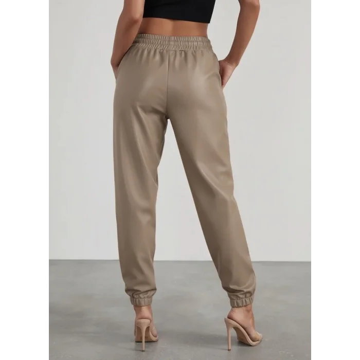 Kadın Yüksek Bel Lastikli önü Düğmeli Deri Pantolon