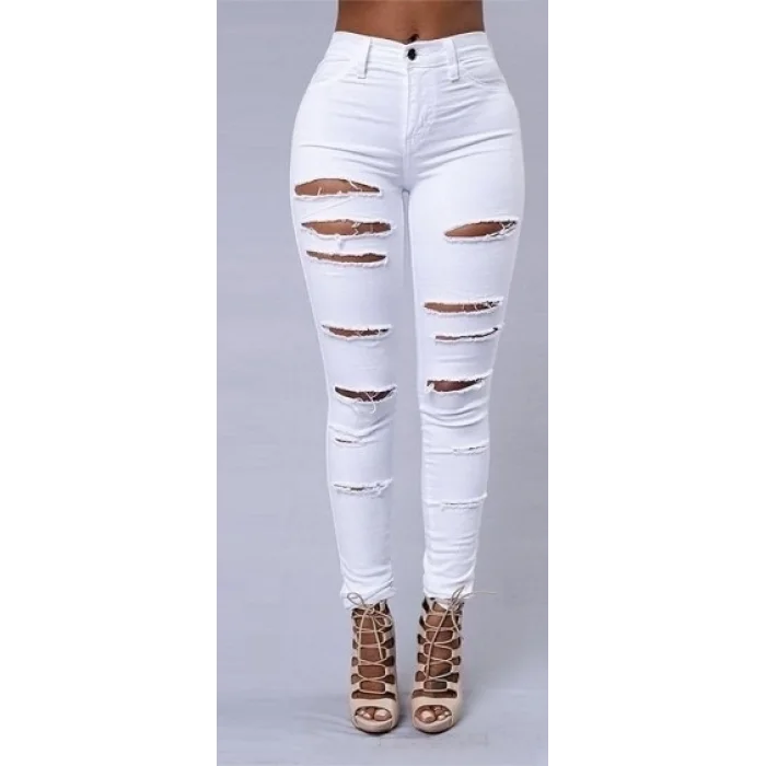 Kadın Yüksek Bel Lazer Yırtık Desenli Kot Pantolon