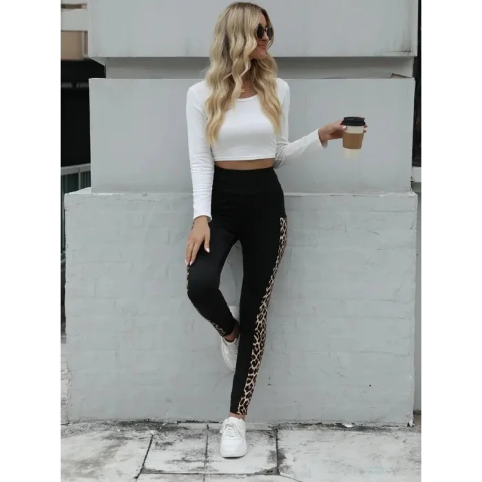 Kadın Yüksek Bel Leopar Desen Ve Cep Detaylı Dalgıç Tayt