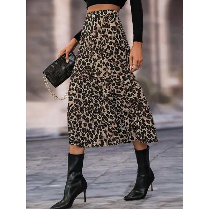 Kadın Yüksek Bel Leopar Desenli Midi Krep Etek