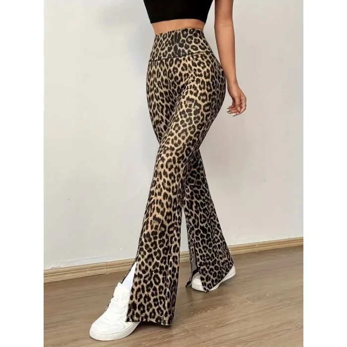 Kadın Yüksek Bel Leopar Desenli Yırtmaçlı Dalgıç Tayt