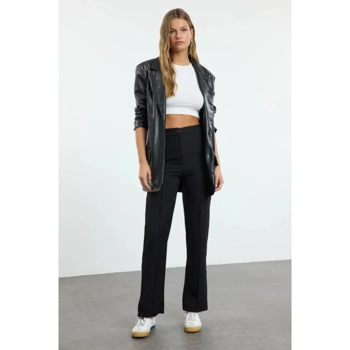 Kadın Yüksek Bel Nervurlu Ithal Krep Pantolon