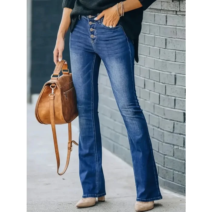 Kadın Yüksek Bel önden Düğmeli Cep Detay Ispanyol Paça Denim Pantolon