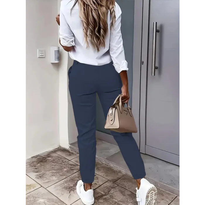 Kadın Yüksek Bel önden Düğmeli Cepli Bilek Lastik Detay Atlas Pantolon