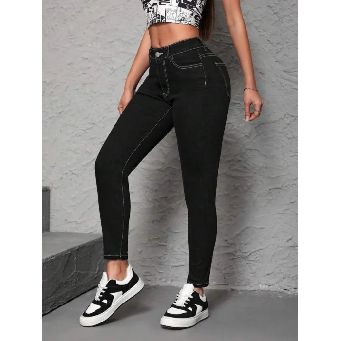 Kadın Yüksek Bel önden Düğmeli Dar Kesim Kot Pantolon