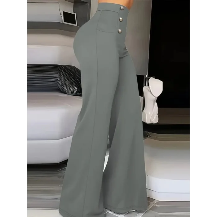 Kadın Yüksek Bel önden Düğmeli Uzun Paçaya Doğru Geniş Ithal Krep Pantolon