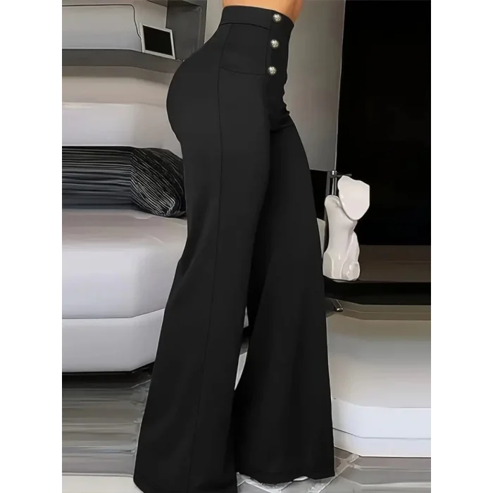Kadın Yüksek Bel önden Düğmeli Uzun Paçaya Doğru Geniş Ithal Krep Pantolon