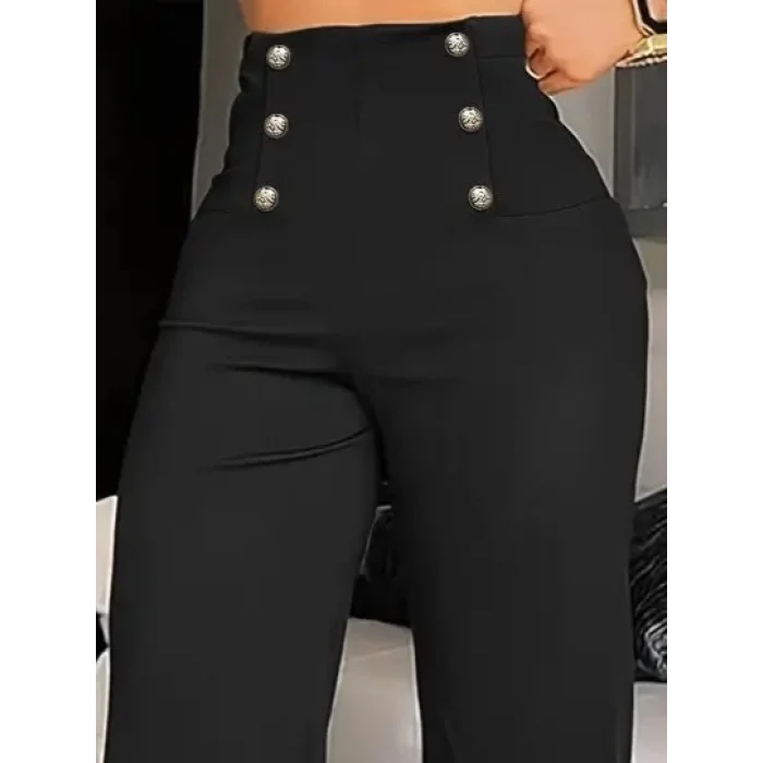 Kadın Yüksek Bel önden Düğmeli Uzun Paçaya Doğru Geniş Ithal Krep Pantolon