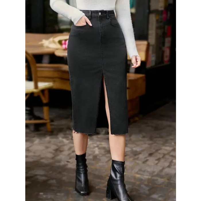 Kadın Yüksek Bel önden Yırtmaçlı Cepli Midi Kot Etek