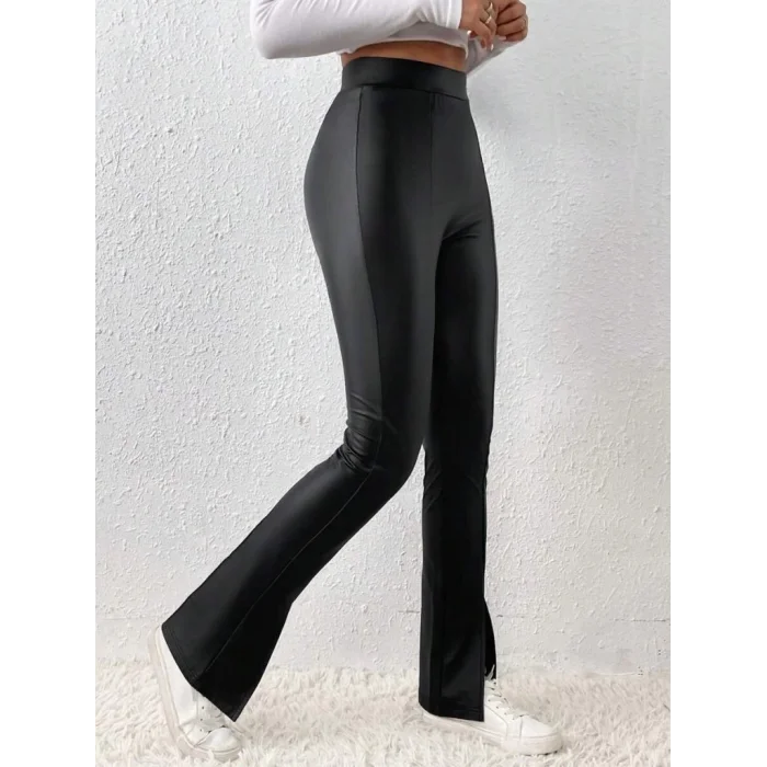 Kadın Yüksek Bel önden Yırtmaçlı Deri Tayt