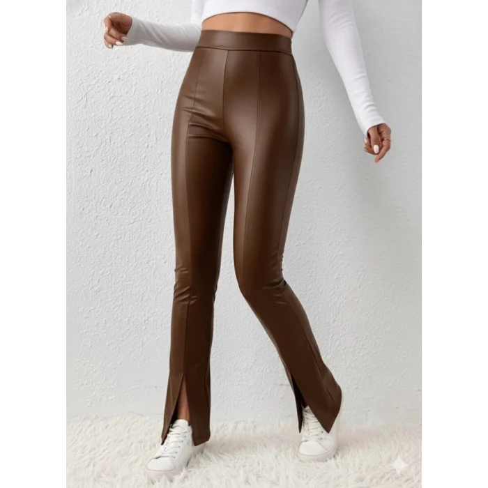 Kadın Yüksek Bel önden Yırtmaçlı Deri Tayt