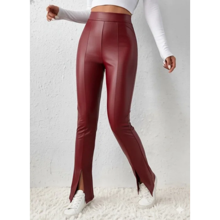 Kadın Yüksek Bel önden Yırtmaçlı Deri Tayt