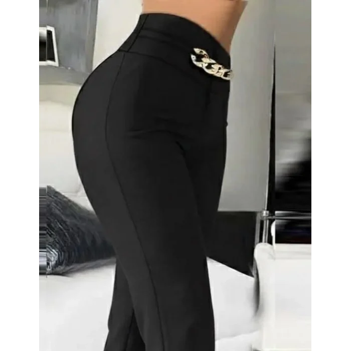 Kadın Yüksek Bel önden Zincir Detaylı Ithal Krep Pantolon