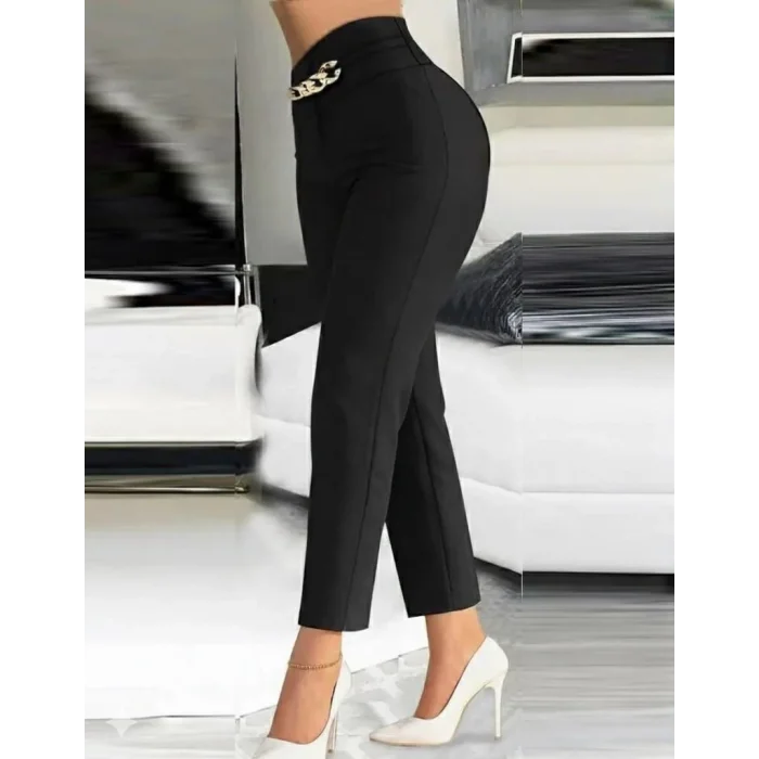 Kadın Yüksek Bel önden Zincir Detaylı Ithal Krep Pantolon
