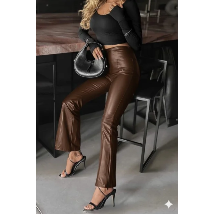 Kadın Yüksek Bel Paçaya Doğru Geniş Deri Pantolon