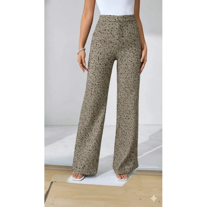 Kadın Yüksek Bel Paçaya Doğru Geniş Dokuma Pantolon