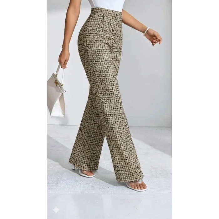 Kadın Yüksek Bel Paçaya Doğru Geniş Dokuma Pantolon