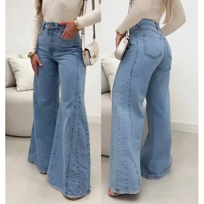 Kadın Yüksek Bel Paçaya Doğru Geniş Kesimli Kot Pantolon