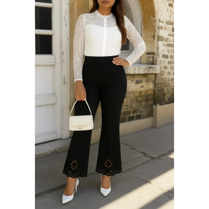 Kadın Yüksek Bel Paçaya Doğru Genişleyen Lazer çiçek Kesim Detaylı Ithal Krep Pantolon