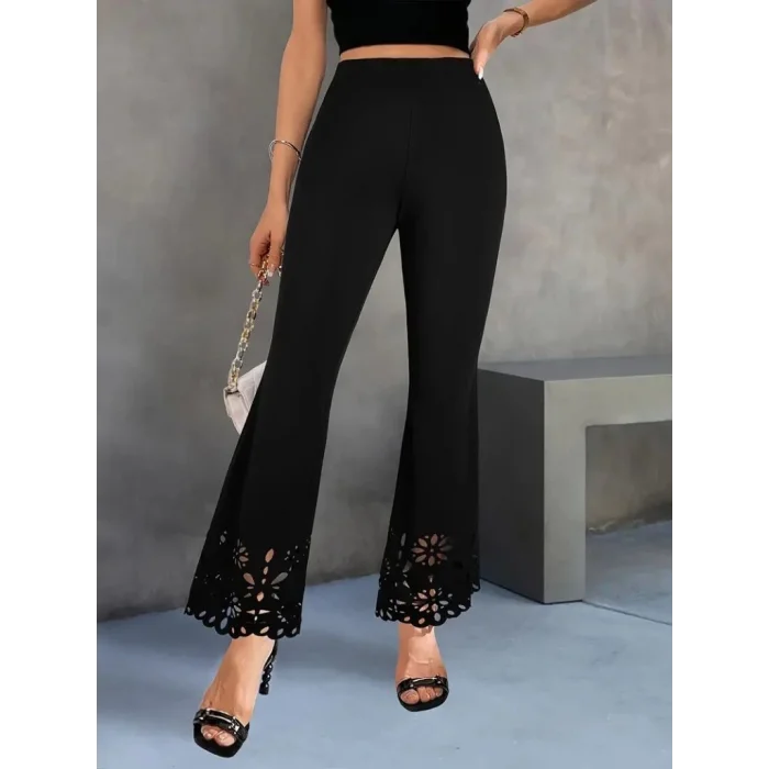 Kadın Yüksek Bel Paçaya Doğru Genişleyen Lazer çiçek Kesim Detaylı Ithal Krep Pantolon