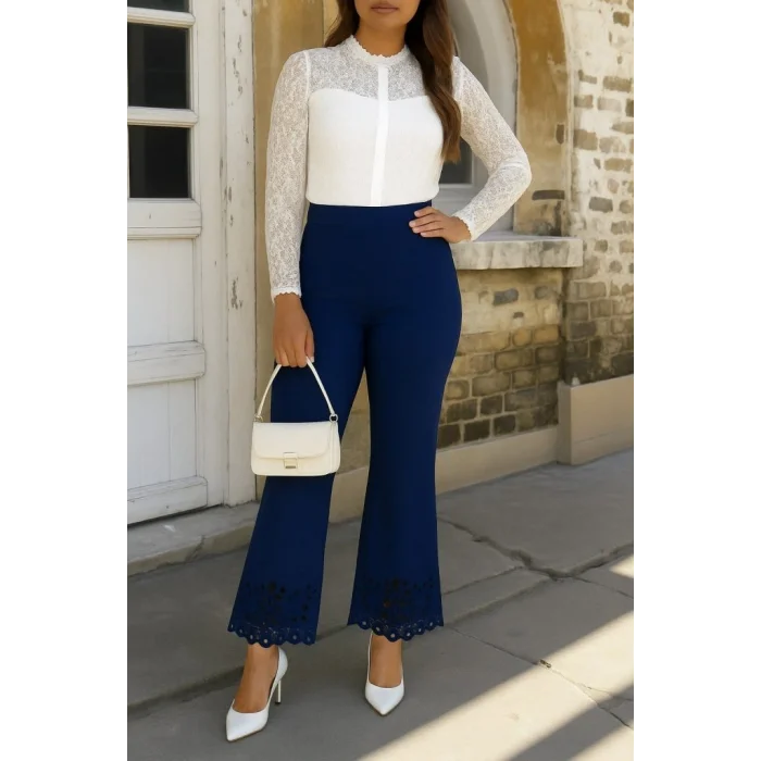 Kadın Yüksek Bel Paçaya Doğru Genişleyen Lazer çiçek Kesim Detaylı Ithal Krep Pantolon