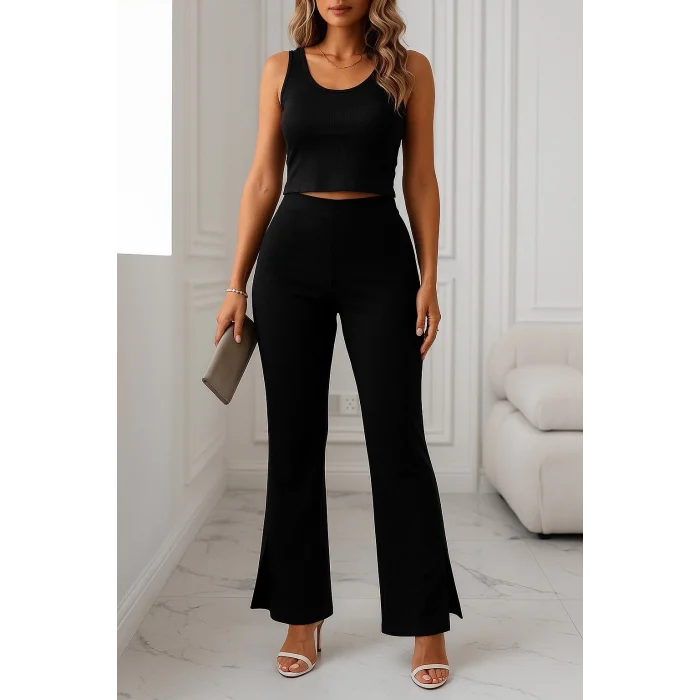 Kadın Yüksek Bel Paçaya Doğru Genişleyen Yandan Yırtmaçlı Dalgıç Pantolon