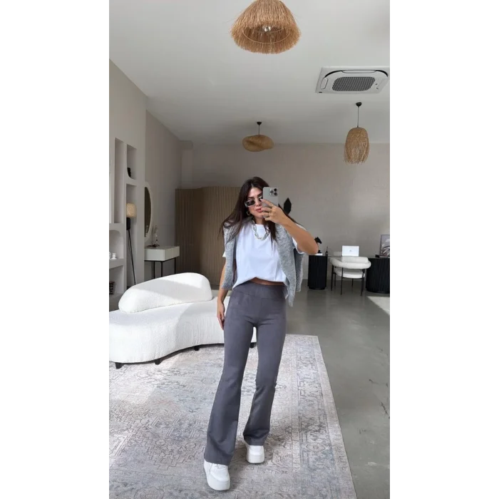 Kadın Yüksek Bel Süet Kumaş Ispanyol Paça Detay Pantolon