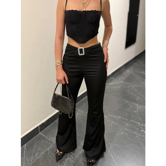 Kadın Yüksek Bel Tokalı Ispanyol Paçalı Dalgıç Pantolon