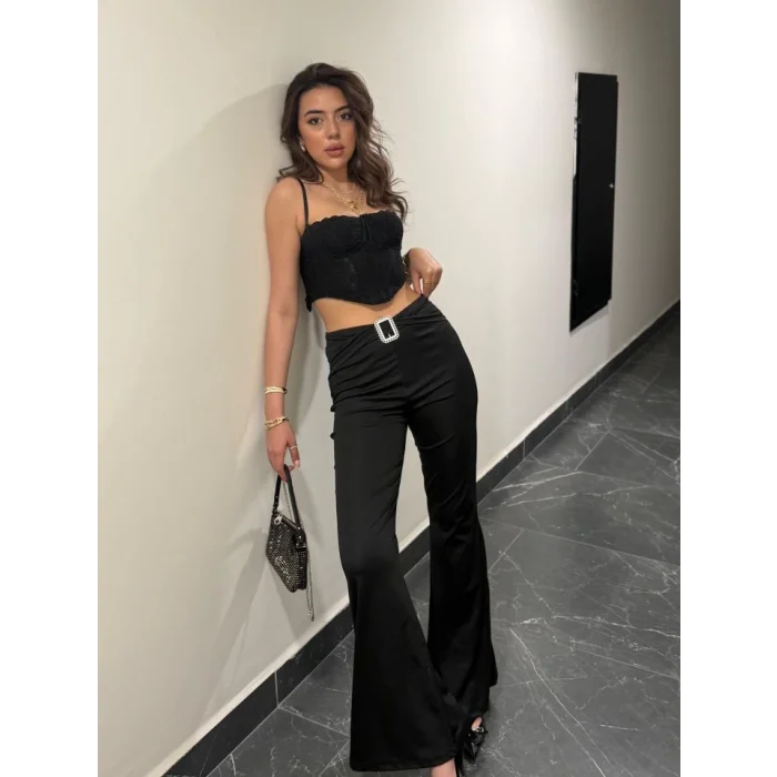 Kadın Yüksek Bel Tokalı Ispanyol Paçalı Dalgıç Pantolon