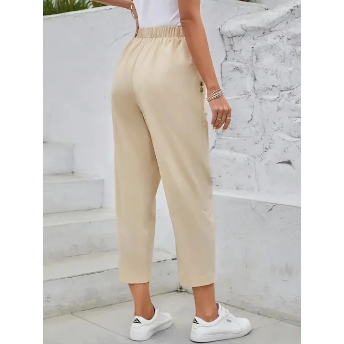 Kadın Yüksek Bel Yandan Cepli Düğme Detaylı Geniş Kesim Ithal Krep Pantolon