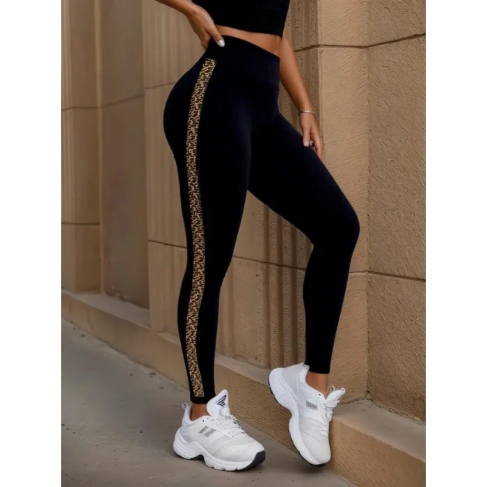 Kadın Yüksek Bel Yandan Leopar Desen Detaylı Dalgıç Tayt