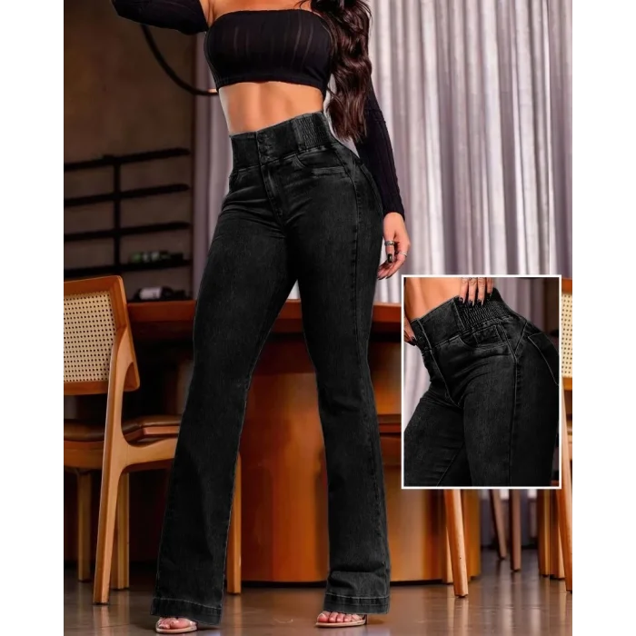 Kadın Yüksek Bel Yanları Lastik önü Düğmeli Kot Pantolon