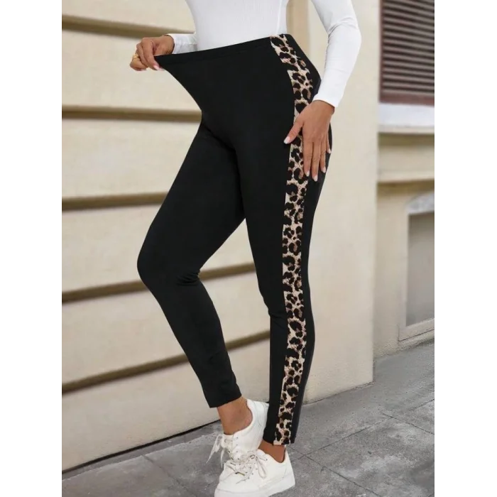 Kadın Yüksek Bel Yanları Leopar şerit Detay Dalgıç Tayt