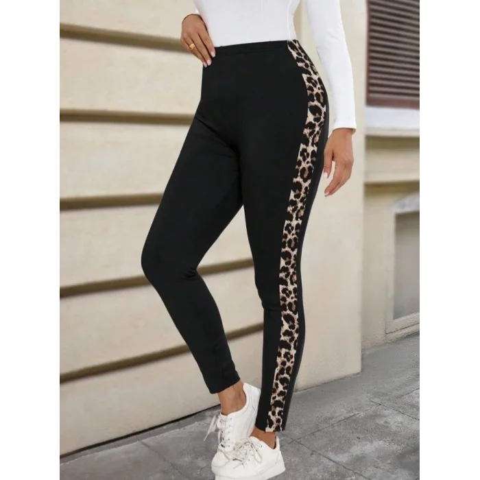 Kadın Yüksek Bel Yanları Leopar şerit Detay Dalgıç Tayt