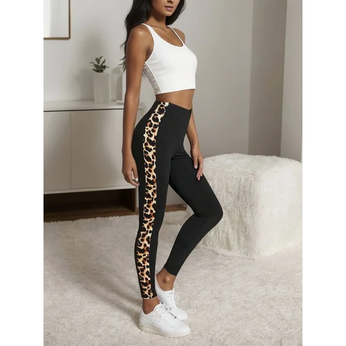 Kadın Yüksek Bel Yanları Leopar şerit Detay Dalgıç Tayt