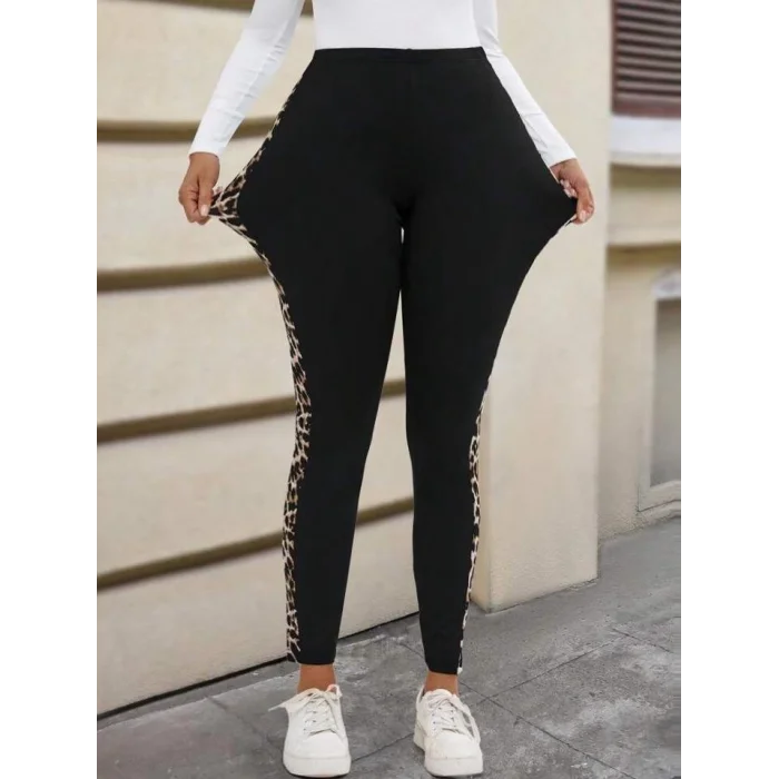 Kadın Yüksek Bel Yanları Leopar şerit Detay Dalgıç Tayt