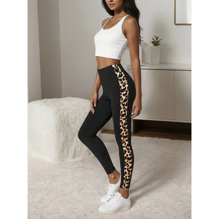 Kadın Yüksek Bel Yanları Leopar şerit Detay Dalgıç Tayt