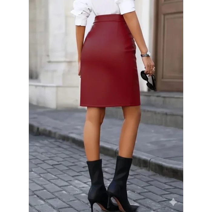 Kadın Yüksek Bel Yırtmaçlı Mini Deri Etek