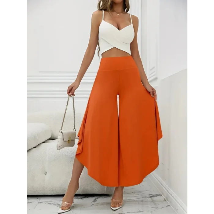 Kadın Yüksek Belli Geniş Paçalı Yanlardan Açık Sandy Pantolon