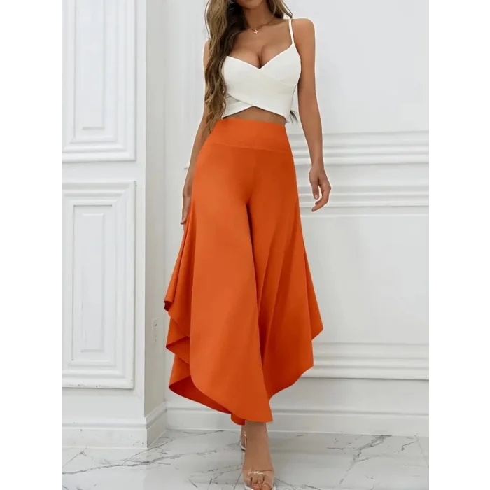 Kadın Yüksek Belli Geniş Paçalı Yanlardan Açık Sandy Pantolon