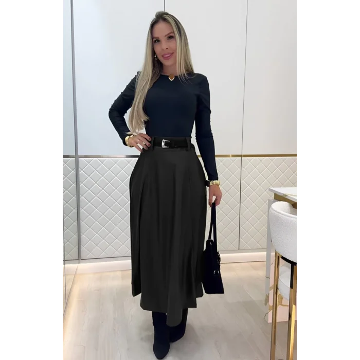 Kadın Yüksek Belli Maxi Deri Kemersiz Etek