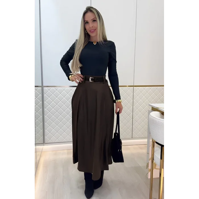 Kadın Yüksek Belli Maxi Deri Kemersiz Etek