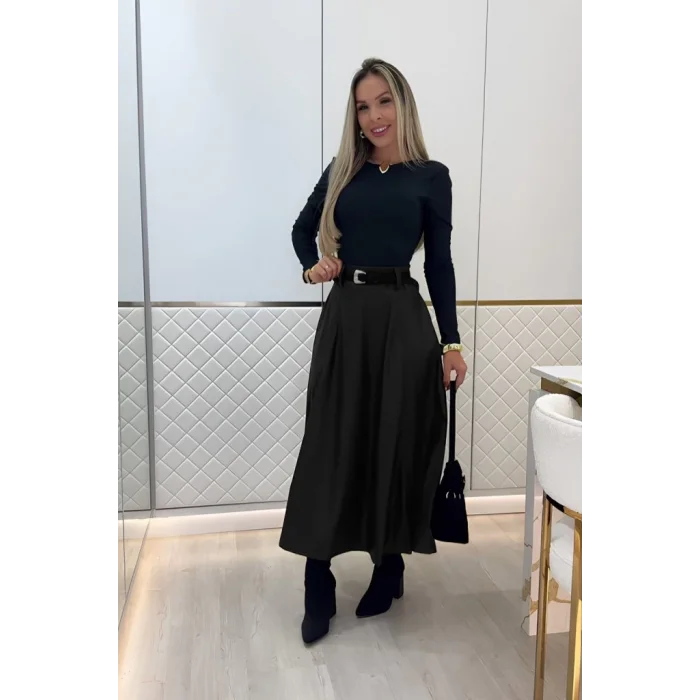 Kadın Yüksek Belli Maxi Deri Kemersiz Etek