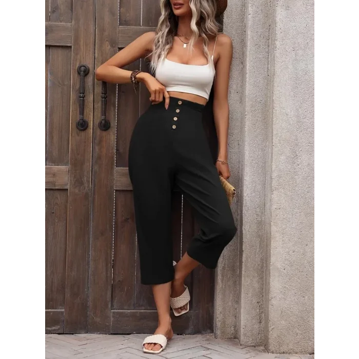 Kadın Yüksek Belli önden Düğmeli Ithal Keten Pantolon