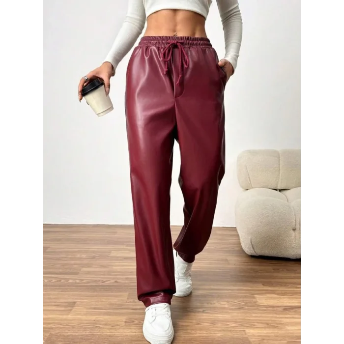 Kadın Yüksel Bel Bağcıklı Deri Pantolon