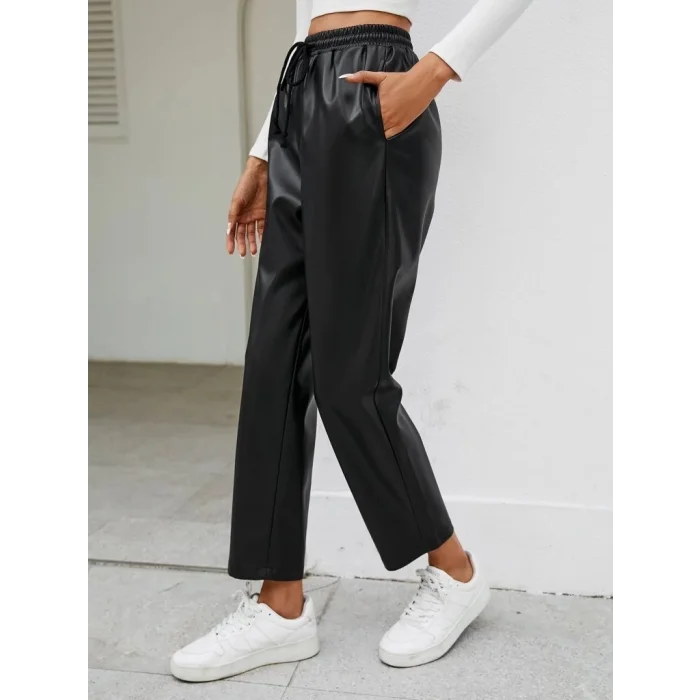 Kadın Yüksel Bel Bağcıklı Deri Pantolon